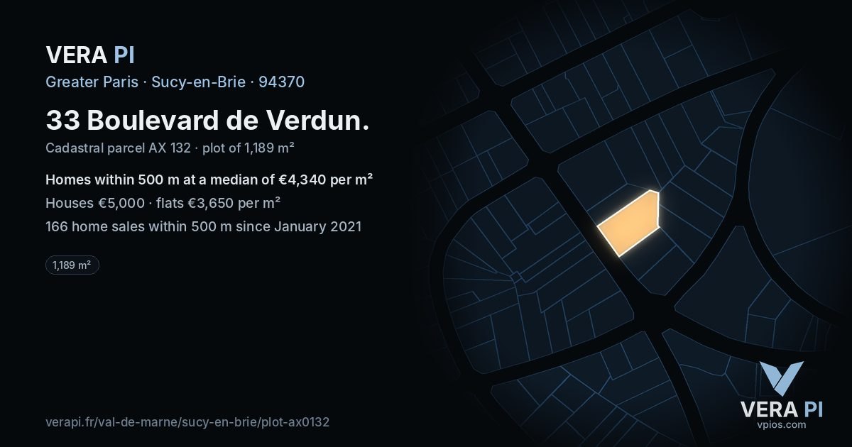 33 Boulevard de Verdun, Sucy-en-Brie at night – the plot lit, the parcels around coloured by the prices near them