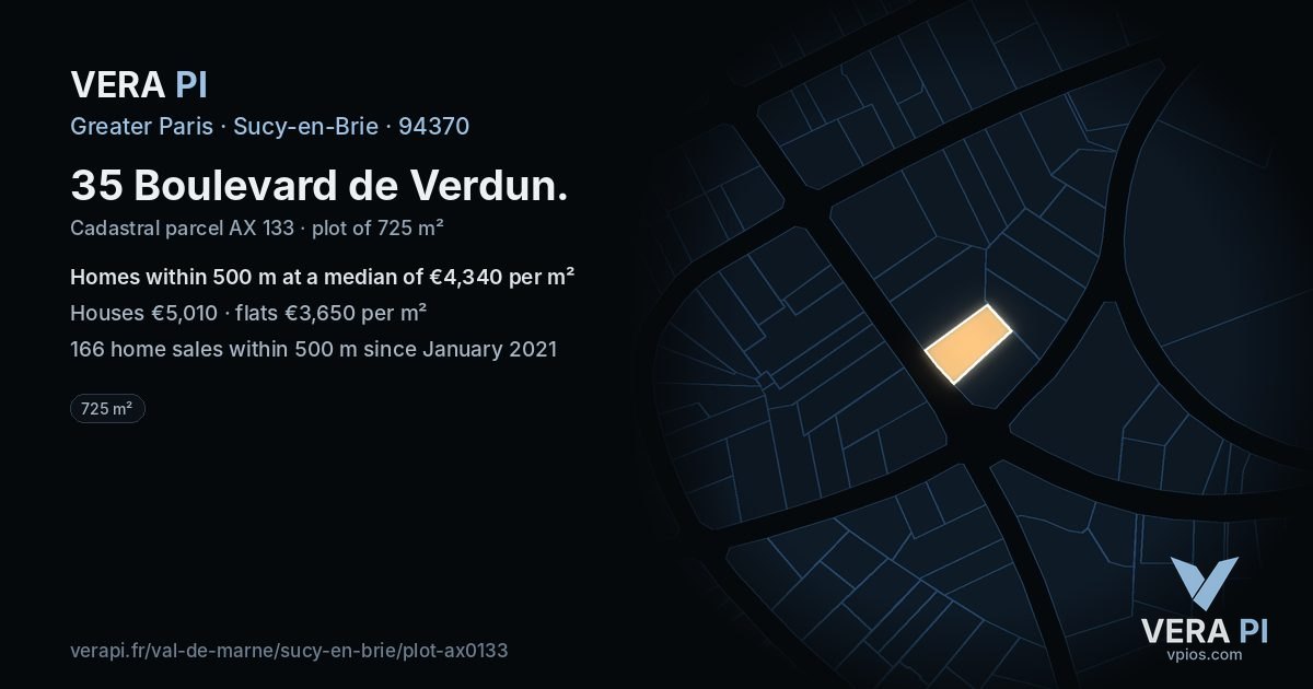35 Boulevard de Verdun, Sucy-en-Brie at night – the plot lit, the parcels around coloured by the prices near them