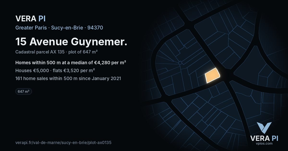 15 Avenue Guynemer, Sucy-en-Brie at night – the plot lit, the parcels around coloured by the prices near them