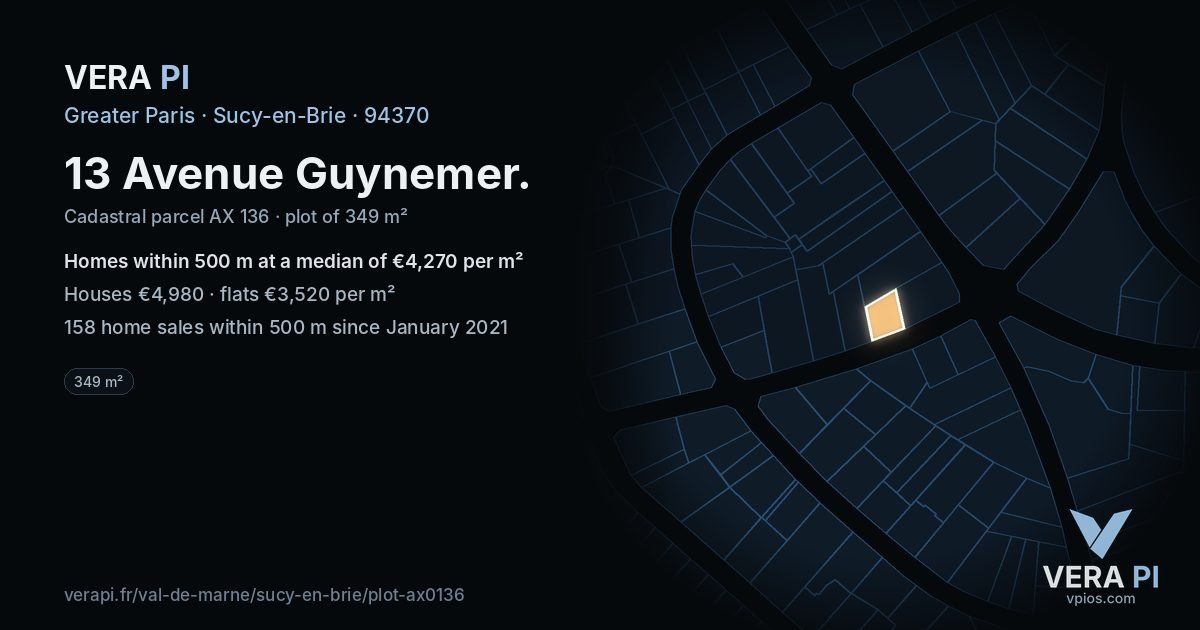 13 Avenue Guynemer, Sucy-en-Brie at night – the plot lit, the parcels around coloured by the prices near them