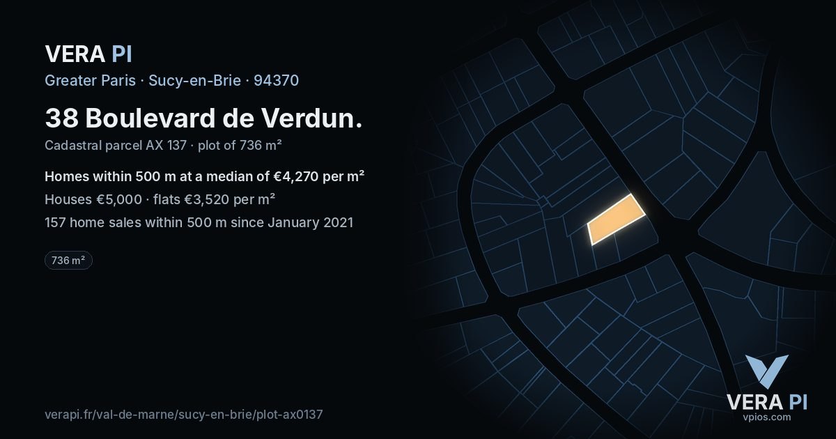 38 Boulevard de Verdun, Sucy-en-Brie at night – the plot lit, the parcels around coloured by the prices near them