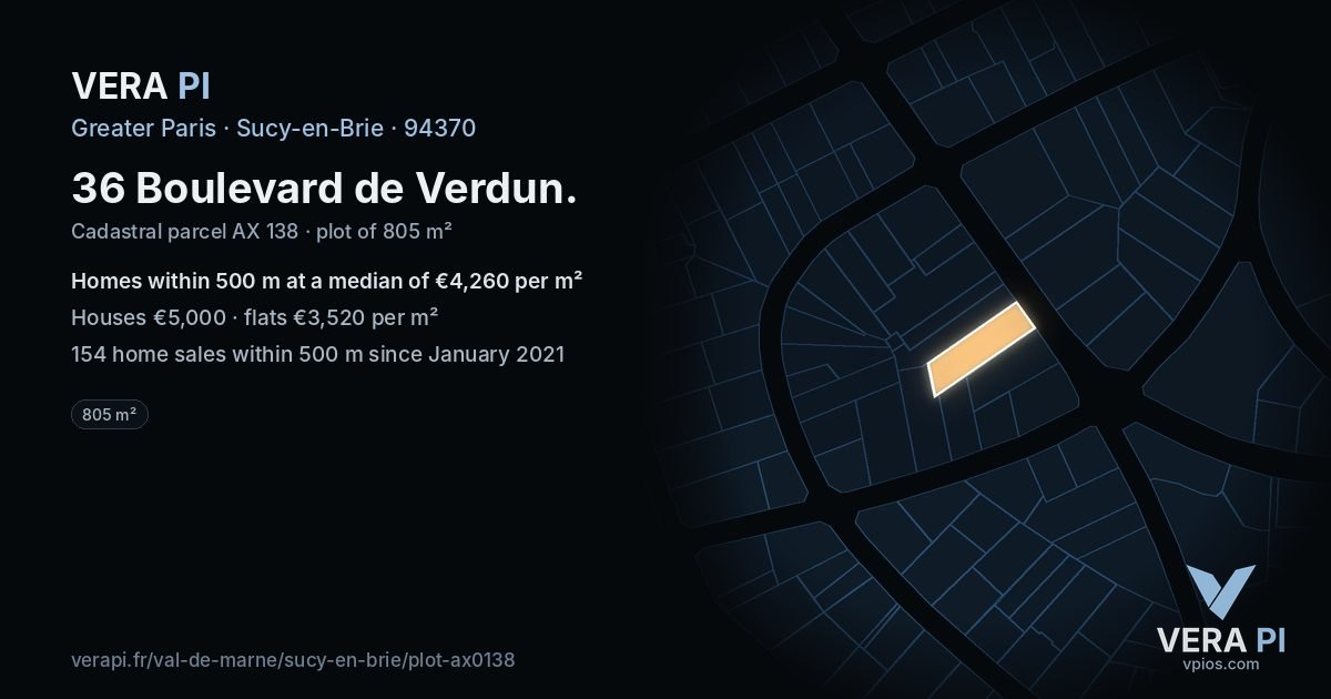 36 Boulevard de Verdun, Sucy-en-Brie at night – the plot lit, the parcels around coloured by the prices near them