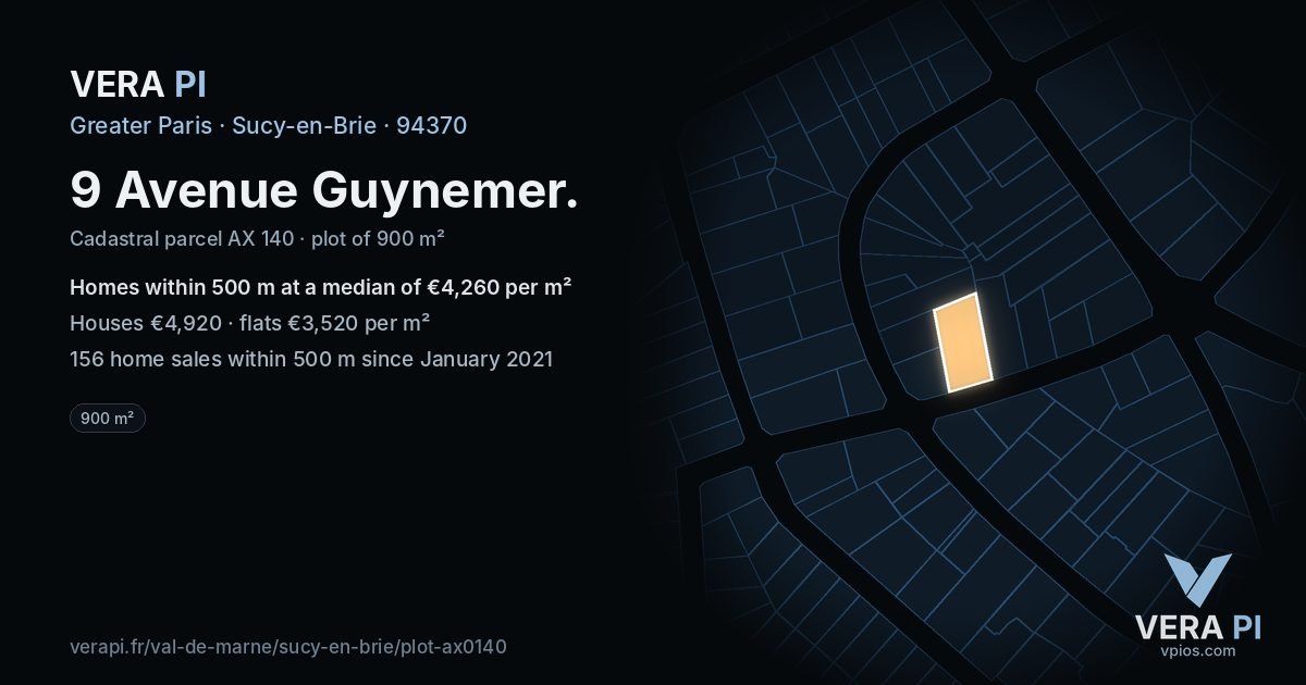 9 Avenue Guynemer, Sucy-en-Brie at night – the plot lit, the parcels around coloured by the prices near them