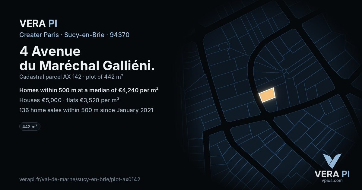 4 Avenue du Maréchal Galliéni, Sucy-en-Brie at night – the plot lit, the parcels around coloured by the prices near them