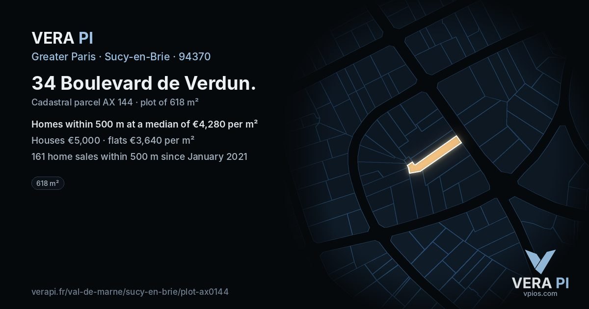 34 Boulevard de Verdun, Sucy-en-Brie at night – the plot lit, the parcels around coloured by the prices near them