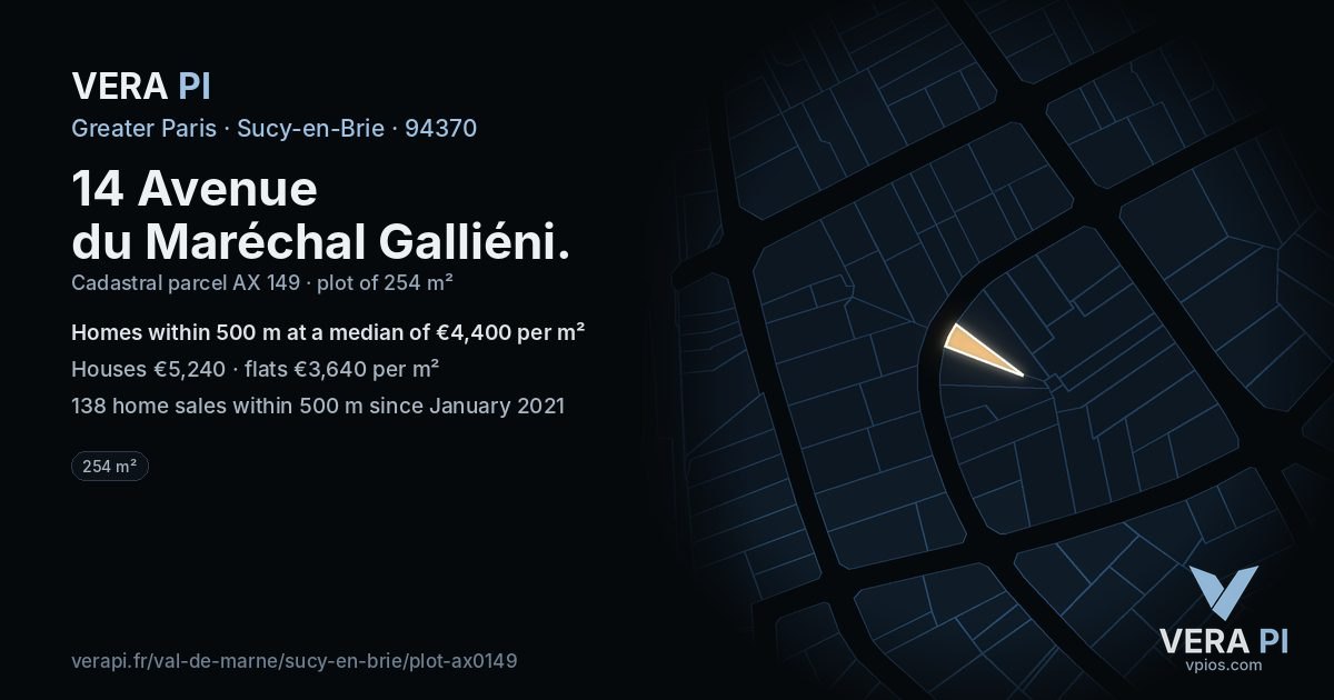 14 Avenue du Maréchal Galliéni, Sucy-en-Brie at night – the plot lit, the parcels around coloured by the prices near them