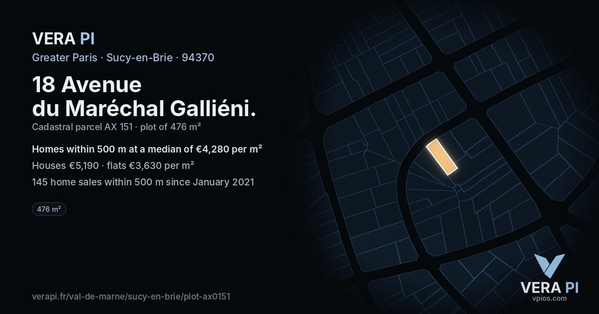18 Avenue du Maréchal Galliéni, Sucy-en-Brie at night – the plot lit, the parcels around coloured by the prices near them
