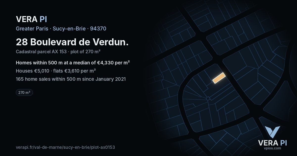 28 Boulevard de Verdun, Sucy-en-Brie at night – the plot lit, the parcels around coloured by the prices near them