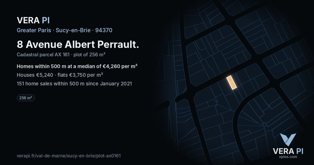 8 Avenue Albert Perrault, Sucy-en-Brie at night – the plot lit, the parcels around coloured by the prices near them