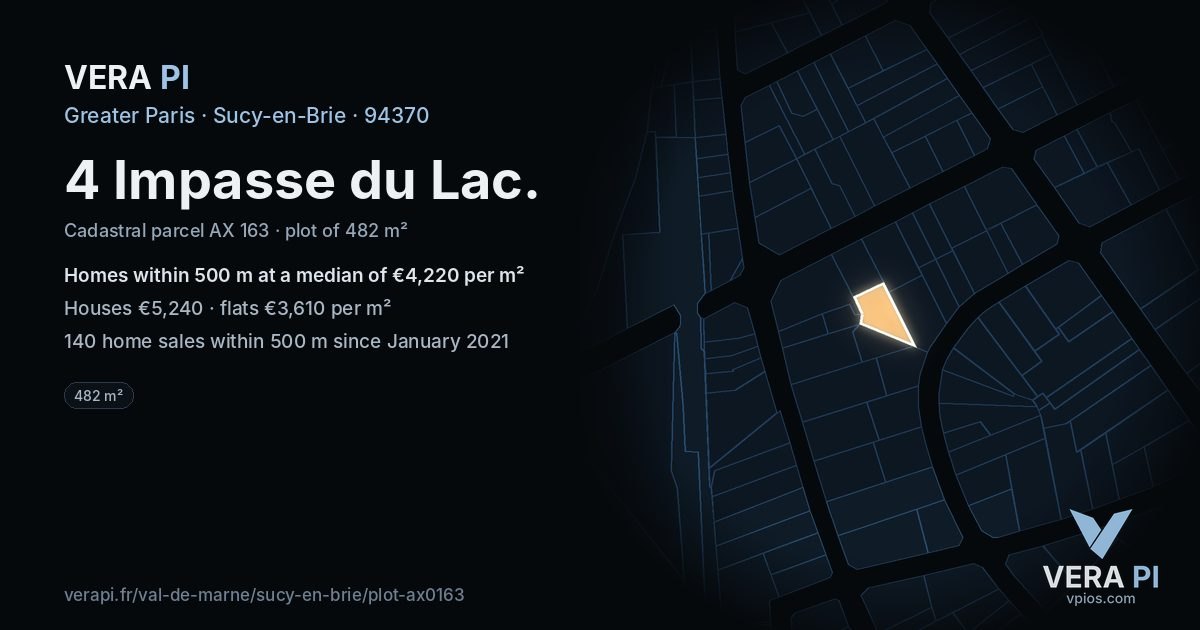4 Impasse du Lac, Sucy-en-Brie at night – the plot lit, the parcels around coloured by the prices near them