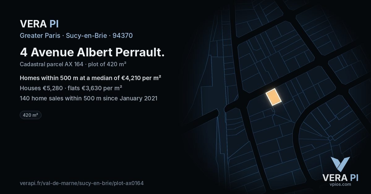 4 Avenue Albert Perrault, Sucy-en-Brie at night – the plot lit, the parcels around coloured by the prices near them
