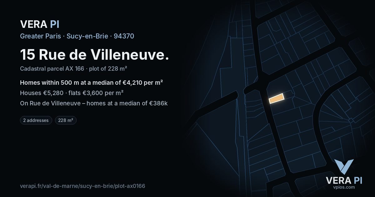 15 Rue de Villeneuve, Sucy-en-Brie at night – the plot lit, the parcels around coloured by the prices near them