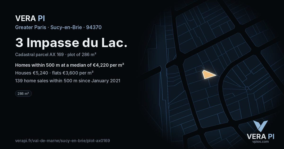 3 Impasse du Lac, Sucy-en-Brie at night – the plot lit, the parcels around coloured by the prices near them