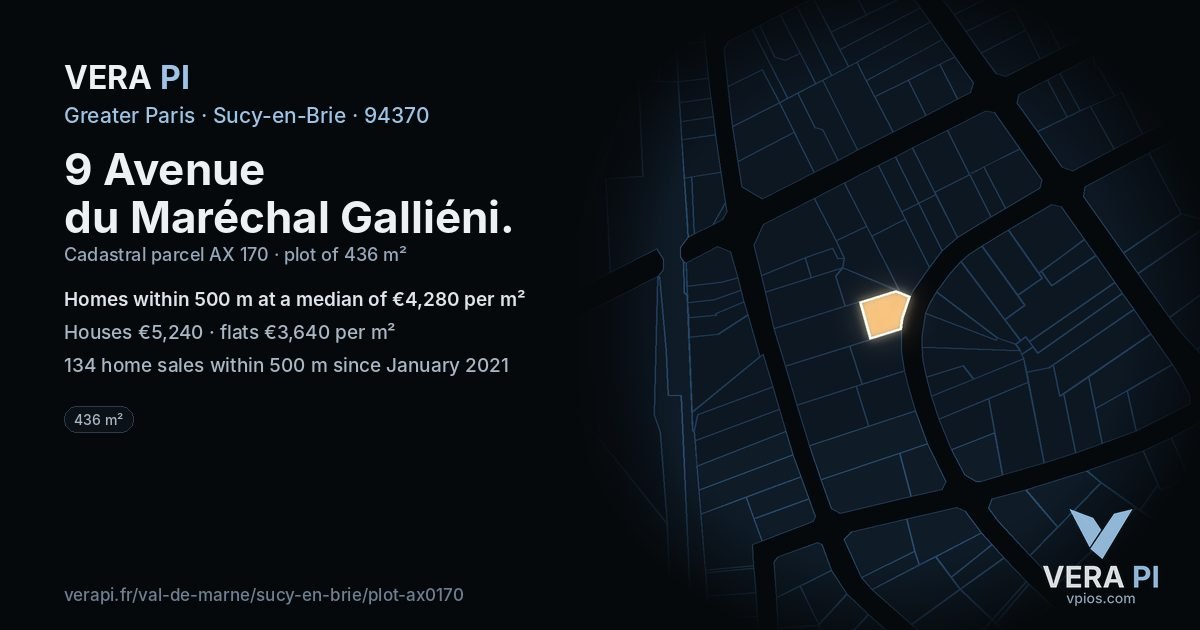 9 Avenue du Maréchal Galliéni, Sucy-en-Brie at night – the plot lit, the parcels around coloured by the prices near them