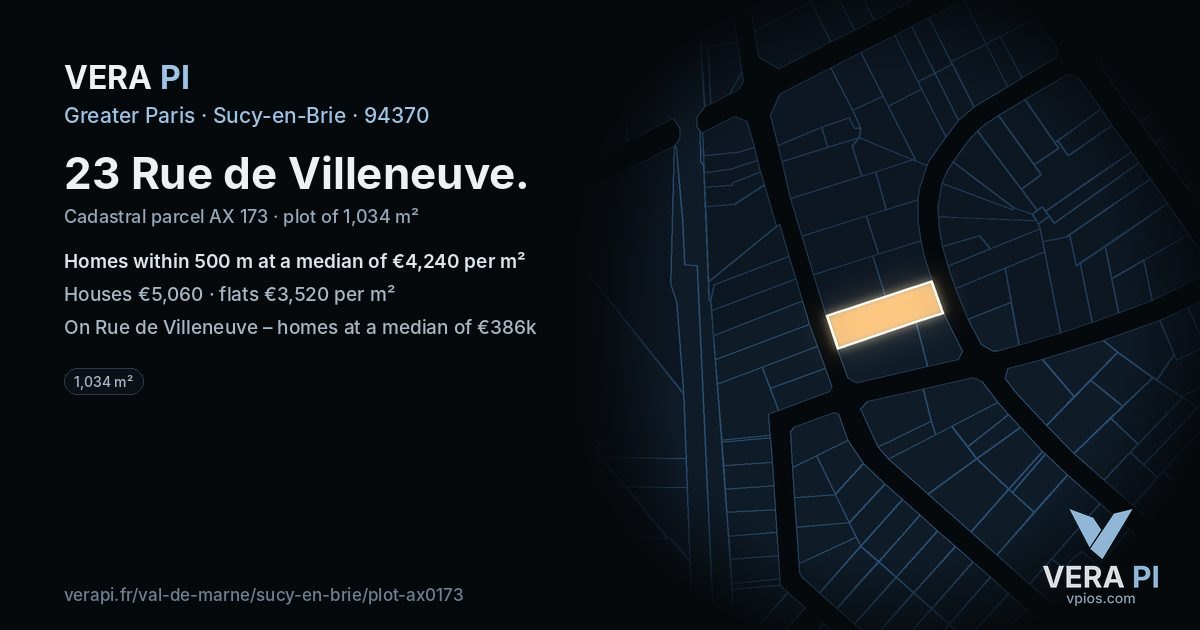23 Rue de Villeneuve, Sucy-en-Brie at night – the plot lit, the parcels around coloured by the prices near them