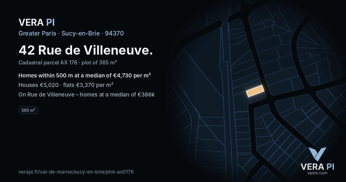 42 Rue de Villeneuve, Sucy-en-Brie at night – the plot lit, the parcels around coloured by the prices near them