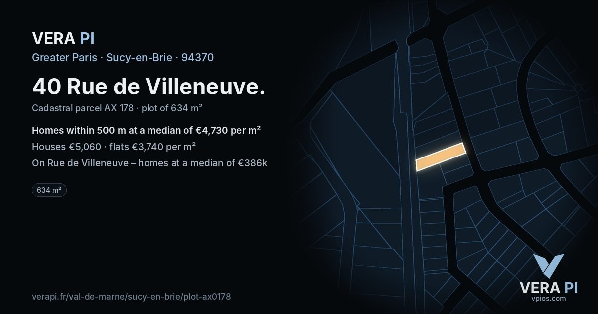 40 Rue de Villeneuve, Sucy-en-Brie at night – the plot lit, the parcels around coloured by the prices near them