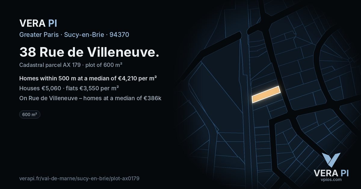 38 Rue de Villeneuve, Sucy-en-Brie at night – the plot lit, the parcels around coloured by the prices near them