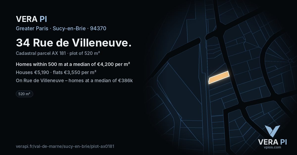 34 Rue de Villeneuve, Sucy-en-Brie at night – the plot lit, the parcels around coloured by the prices near them