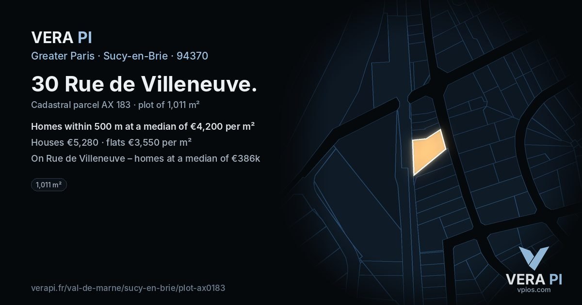 30 Rue de Villeneuve, Sucy-en-Brie at night – the plot lit, the parcels around coloured by the prices near them