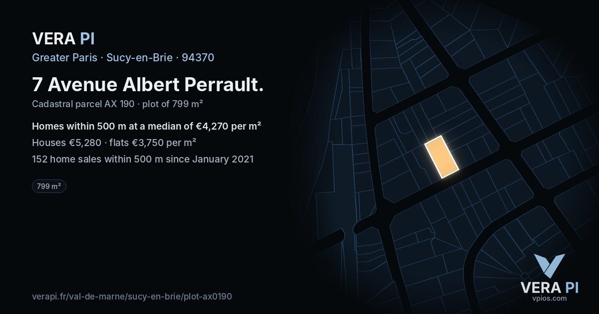 7 Avenue Albert Perrault, Sucy-en-Brie at night – the plot lit, the parcels around coloured by the prices near them