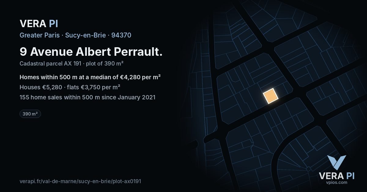 9 Avenue Albert Perrault, Sucy-en-Brie at night – the plot lit, the parcels around coloured by the prices near them