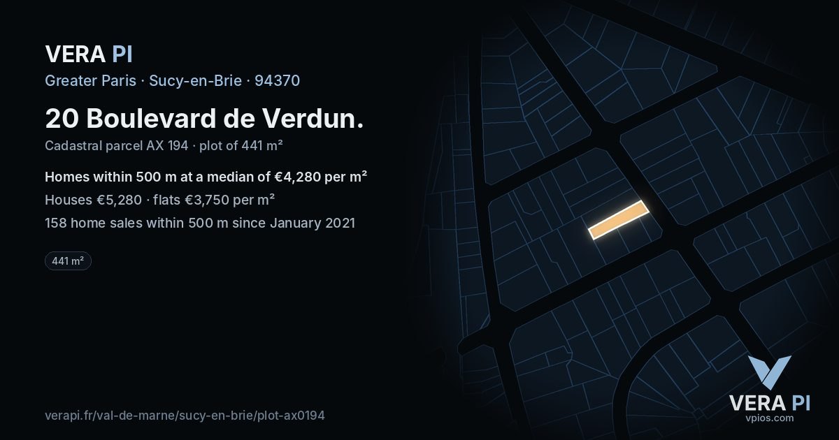 20 Boulevard de Verdun, Sucy-en-Brie at night – the plot lit, the parcels around coloured by the prices near them