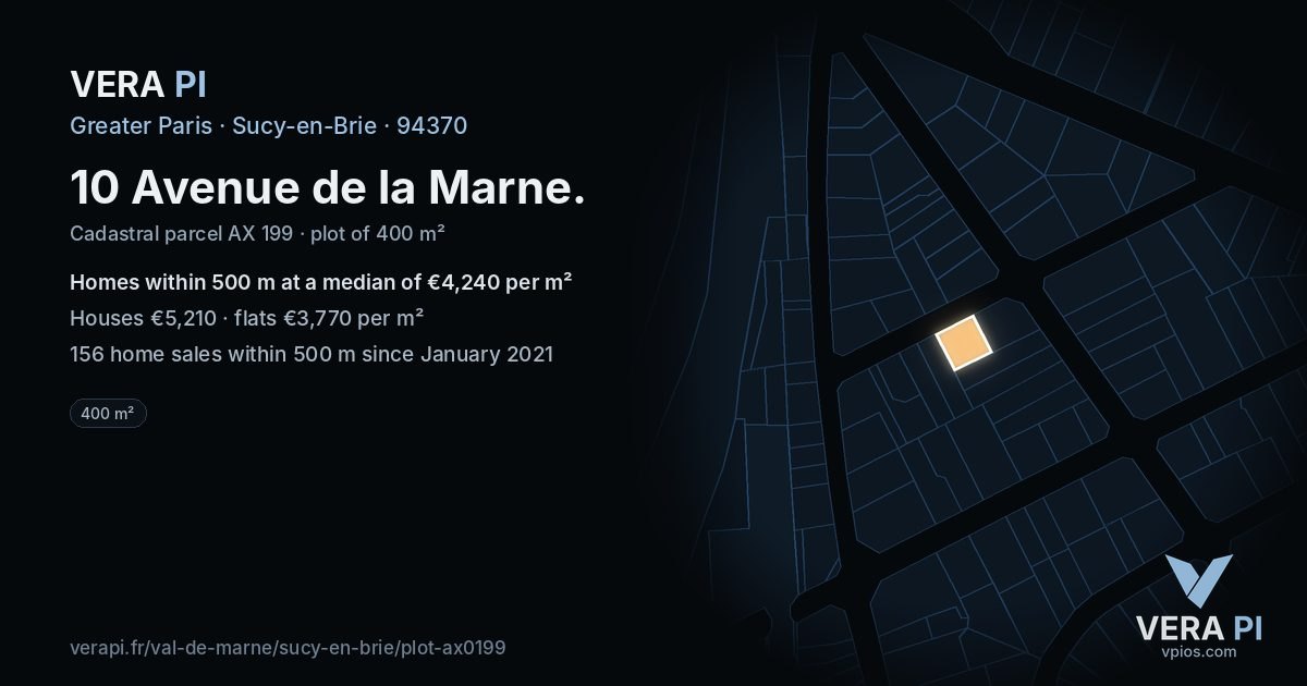 10 Avenue de la Marne, Sucy-en-Brie at night – the plot lit, the parcels around coloured by the prices near them