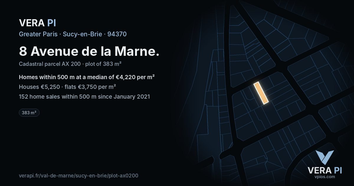 8 Avenue de la Marne, Sucy-en-Brie at night – the plot lit, the parcels around coloured by the prices near them