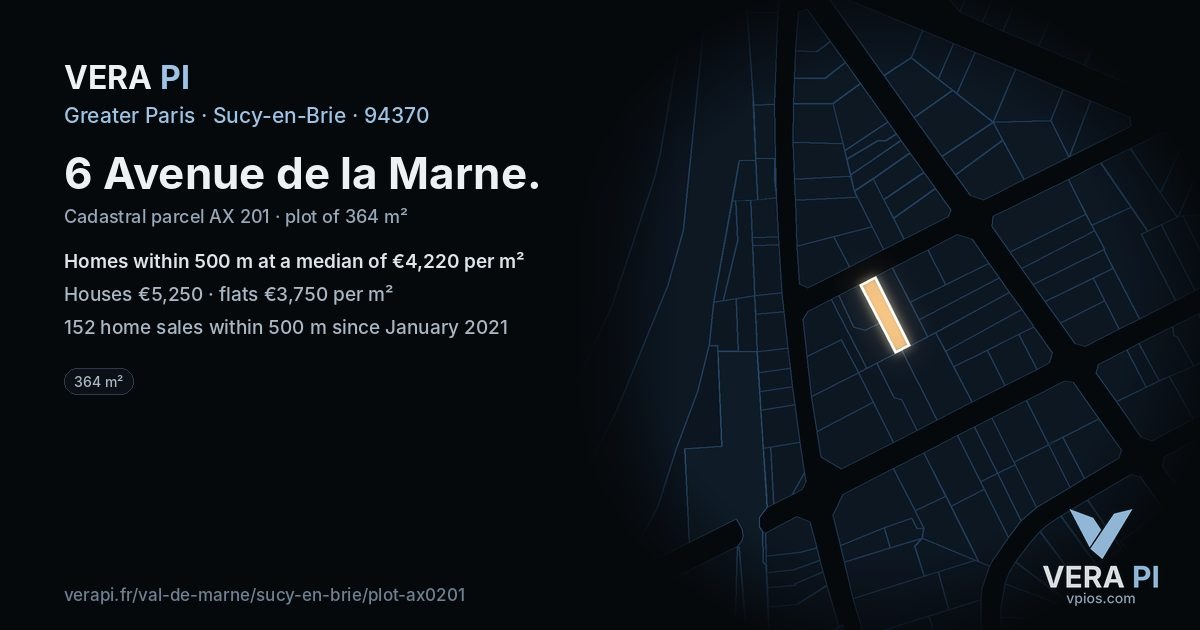 6 Avenue de la Marne, Sucy-en-Brie at night – the plot lit, the parcels around coloured by the prices near them