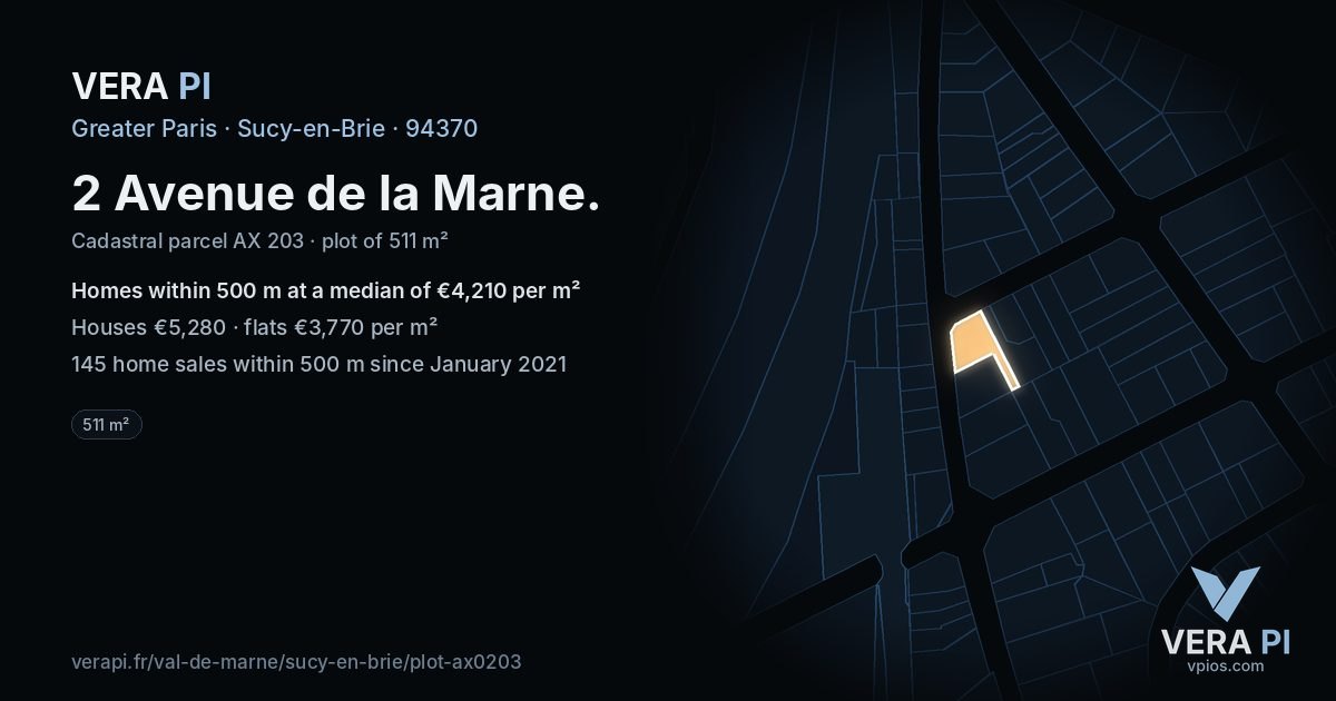 2 Avenue de la Marne, Sucy-en-Brie at night – the plot lit, the parcels around coloured by the prices near them