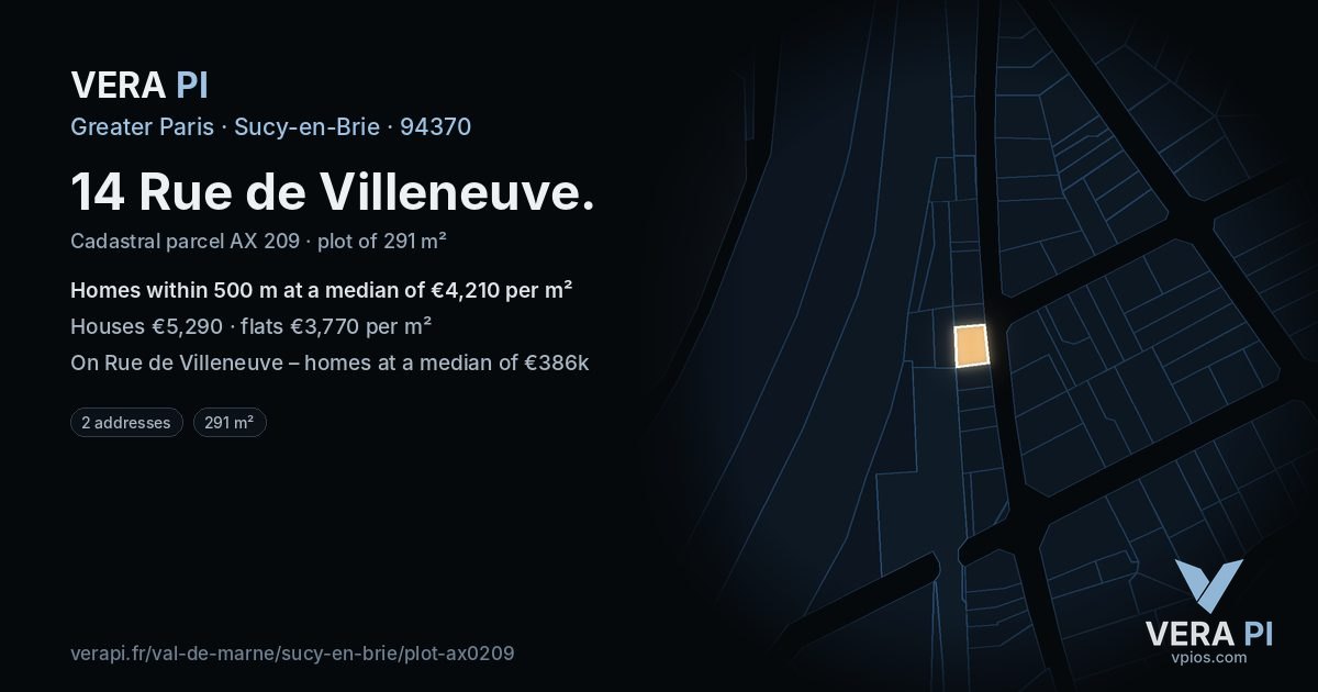 14 Rue de Villeneuve, Sucy-en-Brie at night – the plot lit, the parcels around coloured by the prices near them