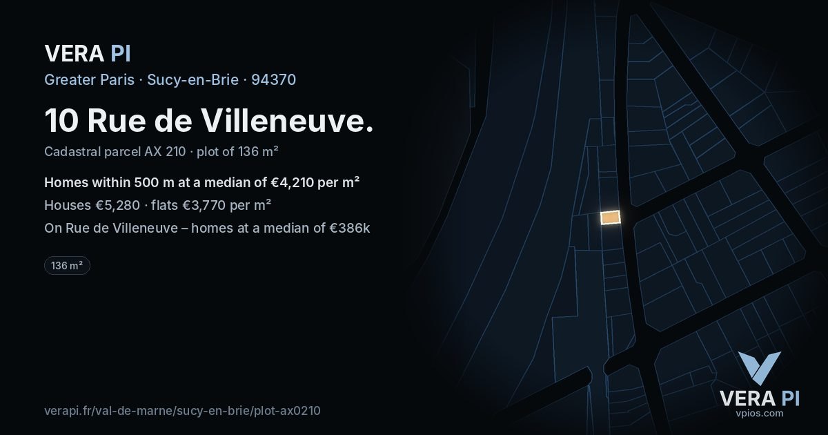 10 Rue de Villeneuve, Sucy-en-Brie at night – the plot lit, the parcels around coloured by the prices near them