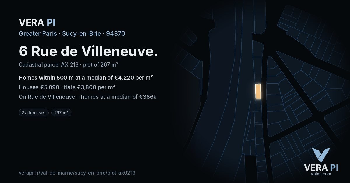 6 Rue de Villeneuve, Sucy-en-Brie at night – the plot lit, the parcels around coloured by the prices near them