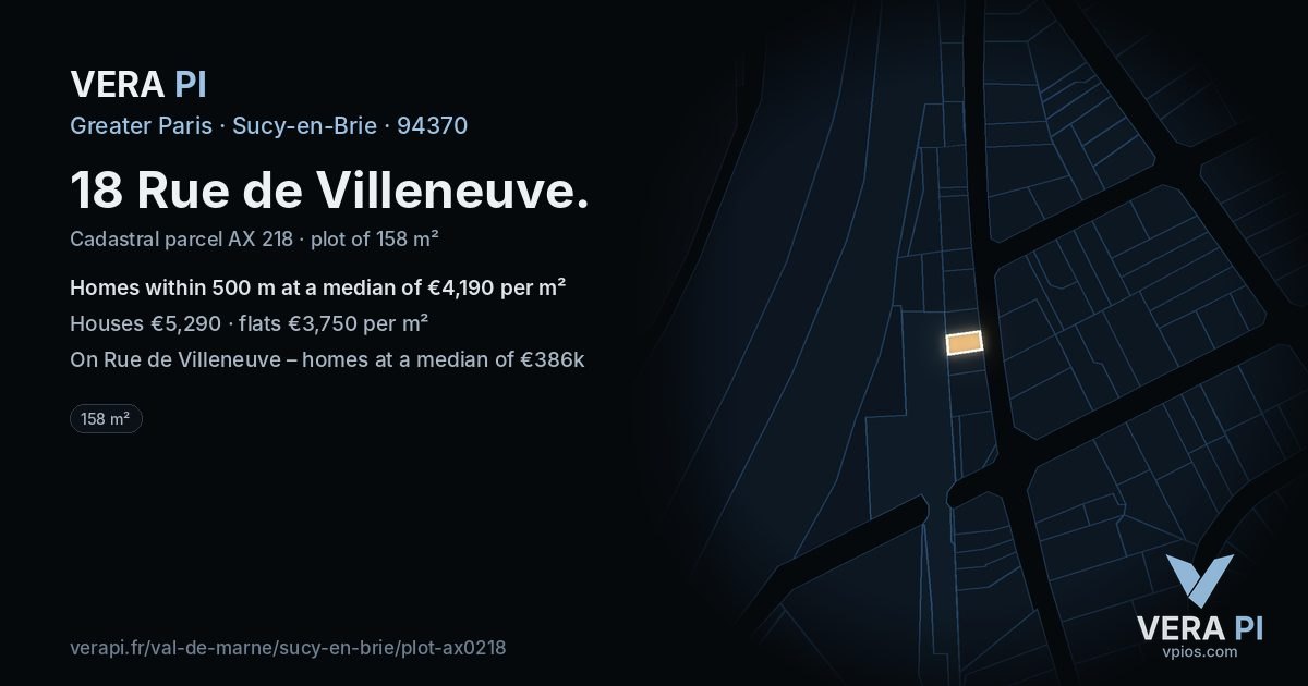 18 Rue de Villeneuve, Sucy-en-Brie at night – the plot lit, the parcels around coloured by the prices near them