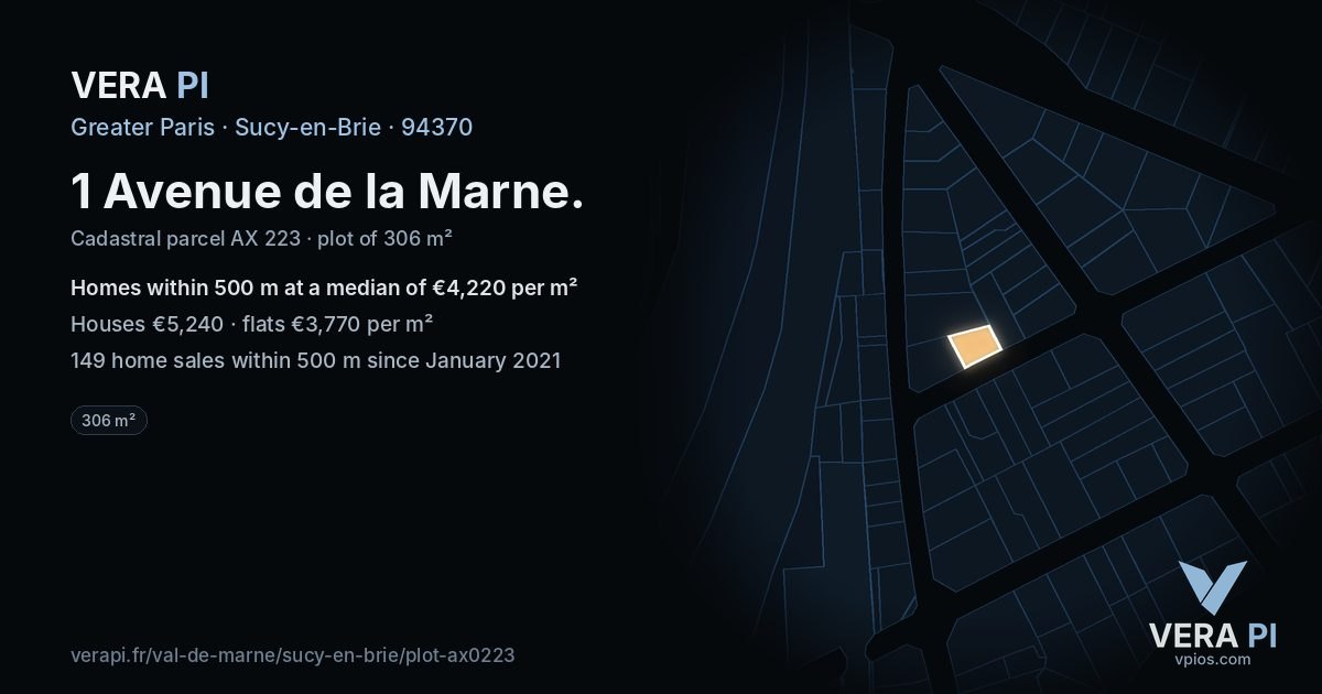 1 Avenue de la Marne, Sucy-en-Brie at night – the plot lit, the parcels around coloured by the prices near them