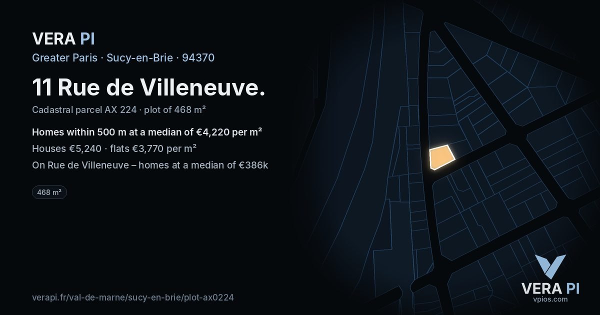 11 Rue de Villeneuve, Sucy-en-Brie at night – the plot lit, the parcels around coloured by the prices near them