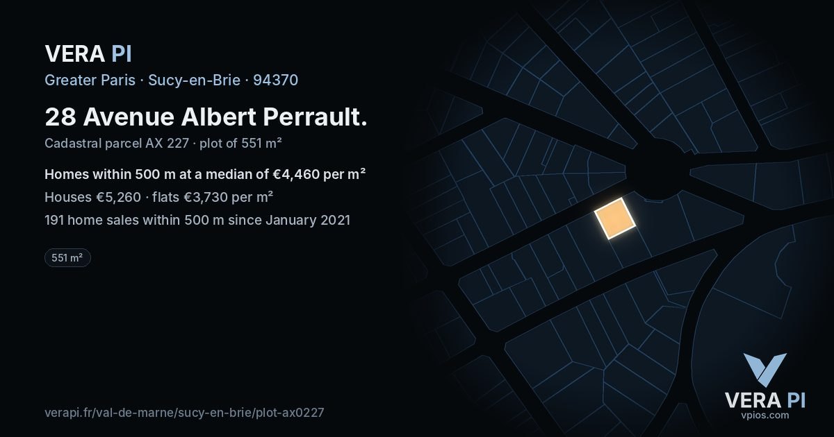 28 Avenue Albert Perrault, Sucy-en-Brie at night – the plot lit, the parcels around coloured by the prices near them