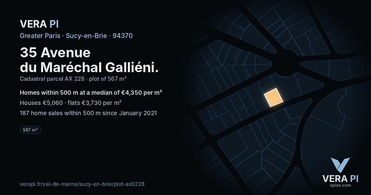 35 Avenue du Maréchal Galliéni, Sucy-en-Brie at night – the plot lit, the parcels around coloured by the prices near them