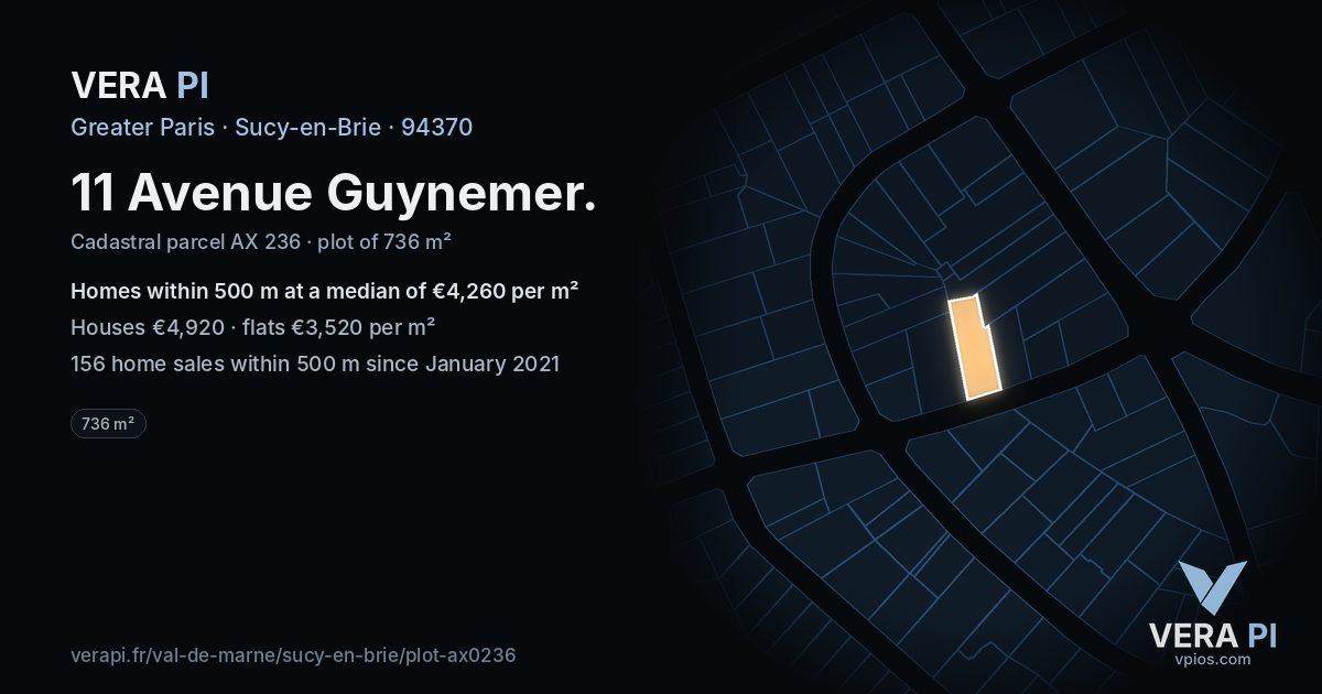 11 Avenue Guynemer, Sucy-en-Brie at night – the plot lit, the parcels around coloured by the prices near them