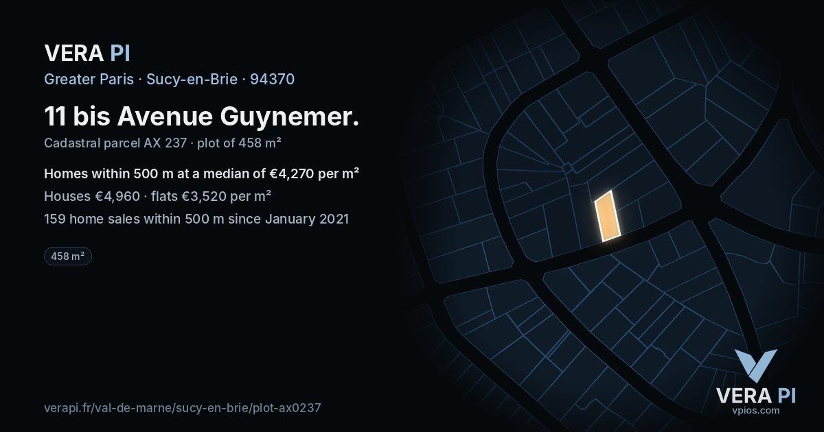 11 bis Avenue Guynemer, Sucy-en-Brie at night – the plot lit, the parcels around coloured by the prices near them