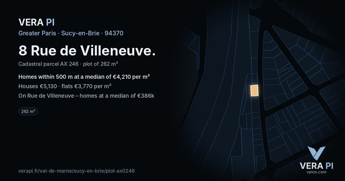 8 Rue de Villeneuve, Sucy-en-Brie at night – the plot lit, the parcels around coloured by the prices near them