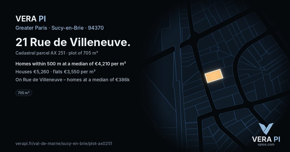 21 Rue de Villeneuve, Sucy-en-Brie at night – the plot lit, the parcels around coloured by the prices near them