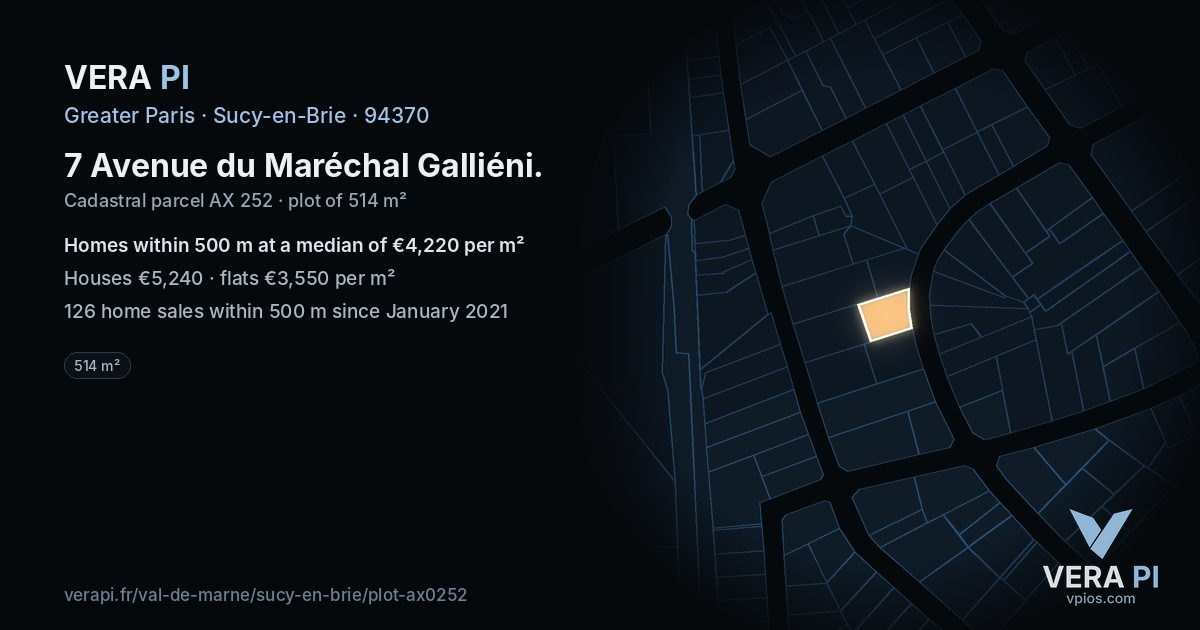 7 Avenue du Maréchal Galliéni, Sucy-en-Brie at night – the plot lit, the parcels around coloured by the prices near them