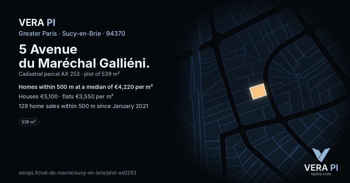 5 Avenue du Maréchal Galliéni, Sucy-en-Brie at night – the plot lit, the parcels around coloured by the prices near them