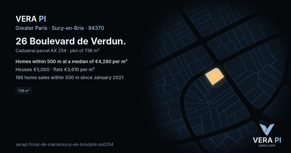 26 Boulevard de Verdun, Sucy-en-Brie at night – the plot lit, the parcels around coloured by the prices near them