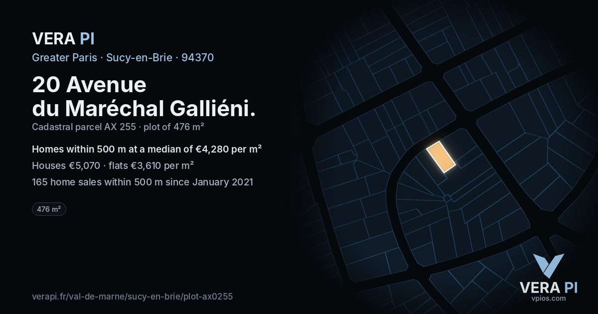 20 Avenue du Maréchal Galliéni, Sucy-en-Brie at night – the plot lit, the parcels around coloured by the prices near them