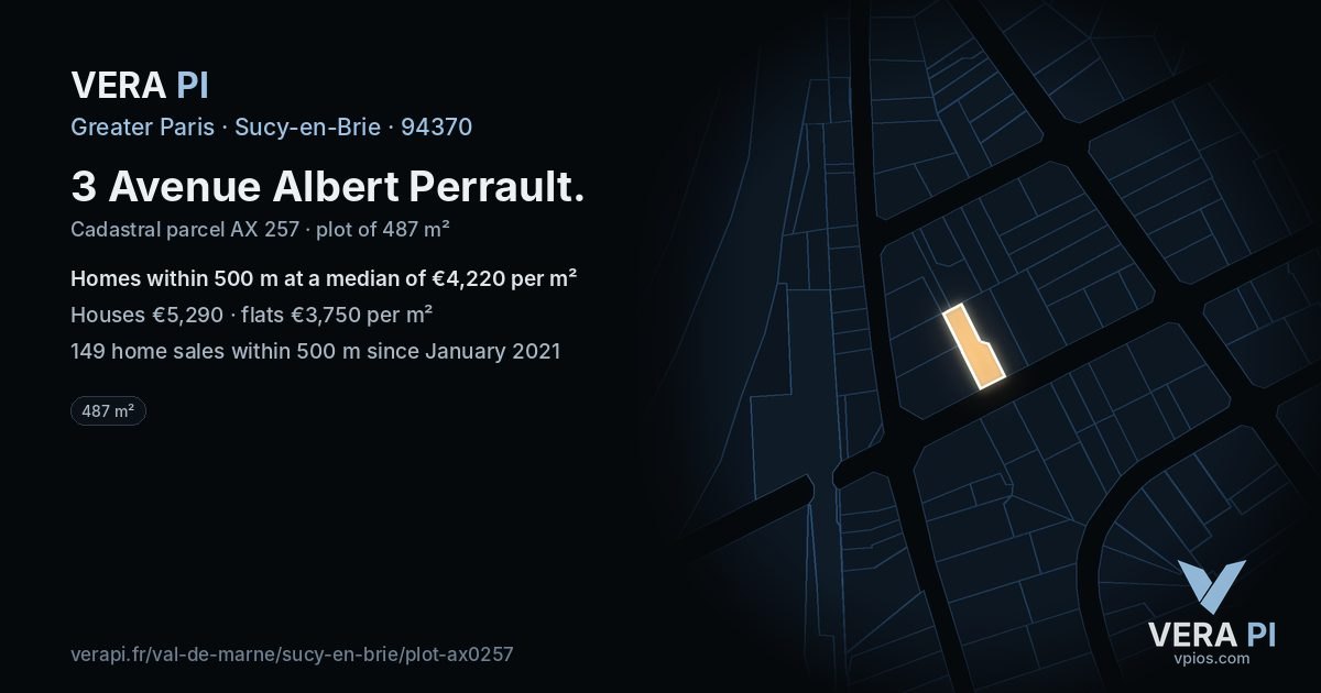 3 Avenue Albert Perrault, Sucy-en-Brie at night – the plot lit, the parcels around coloured by the prices near them