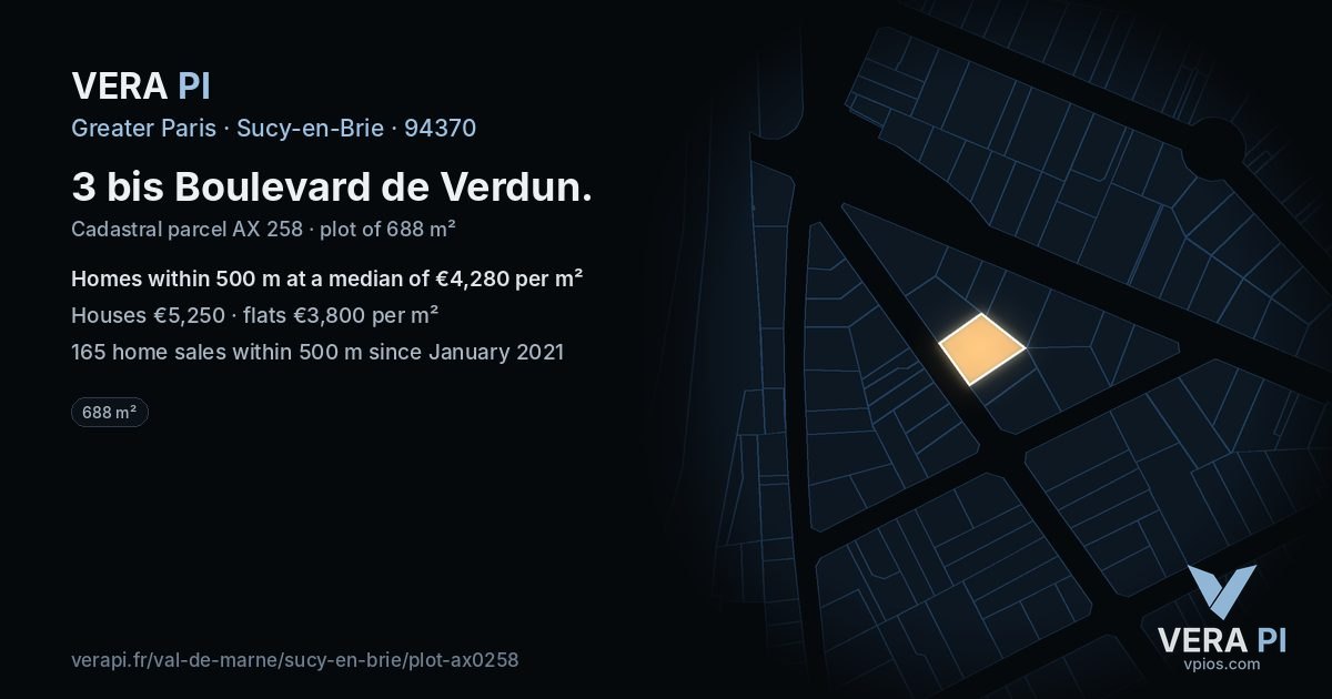 3 bis Boulevard de Verdun, Sucy-en-Brie at night – the plot lit, the parcels around coloured by the prices near them