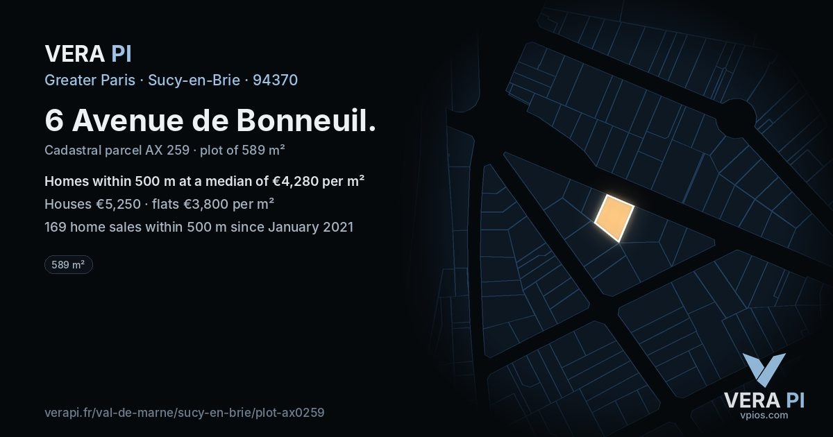6 Avenue de Bonneuil, Sucy-en-Brie at night – the plot lit, the parcels around coloured by the prices near them